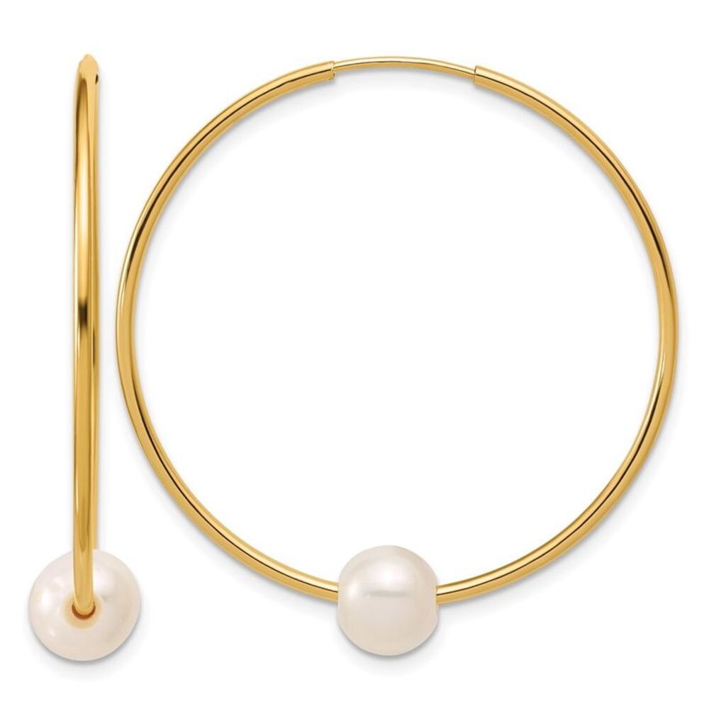 14K Gold Filled 6-7mm Round White FWC Pearl Hollow Hoop Earrings, 38mm
